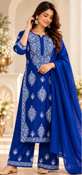 Chikankari Kurta Set - Blue Chanderi Silk