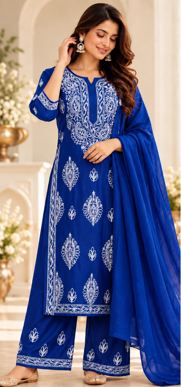 Chikankari Kurta Set - Blue Chanderi Silk