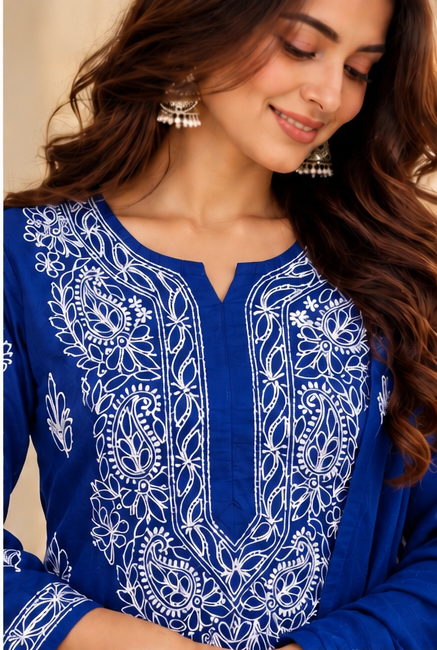 Chikankari Kurta Set - Blue Chanderi Silk