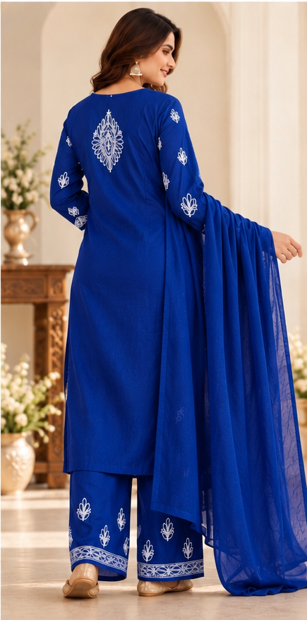 Chikankari Kurta Set - Blue Chanderi Silk