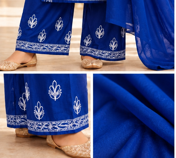 Chikankari Kurta Set - Blue Chanderi Silk