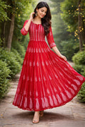 Red Hand-Embroidered Chikankari Anarkali - Festive Collection