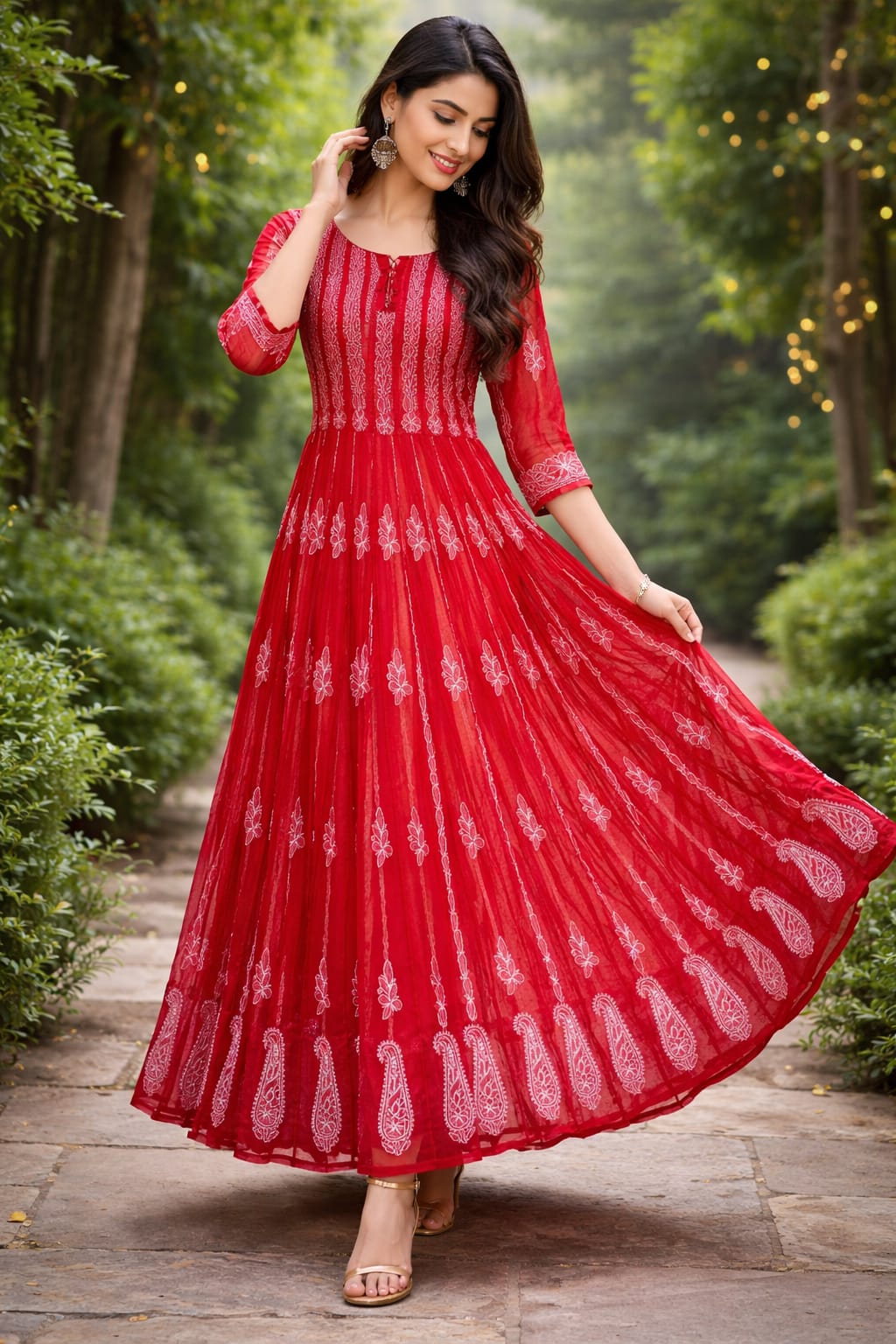 Red Hand-Embroidered Chikankari Anarkali - Festive Collection