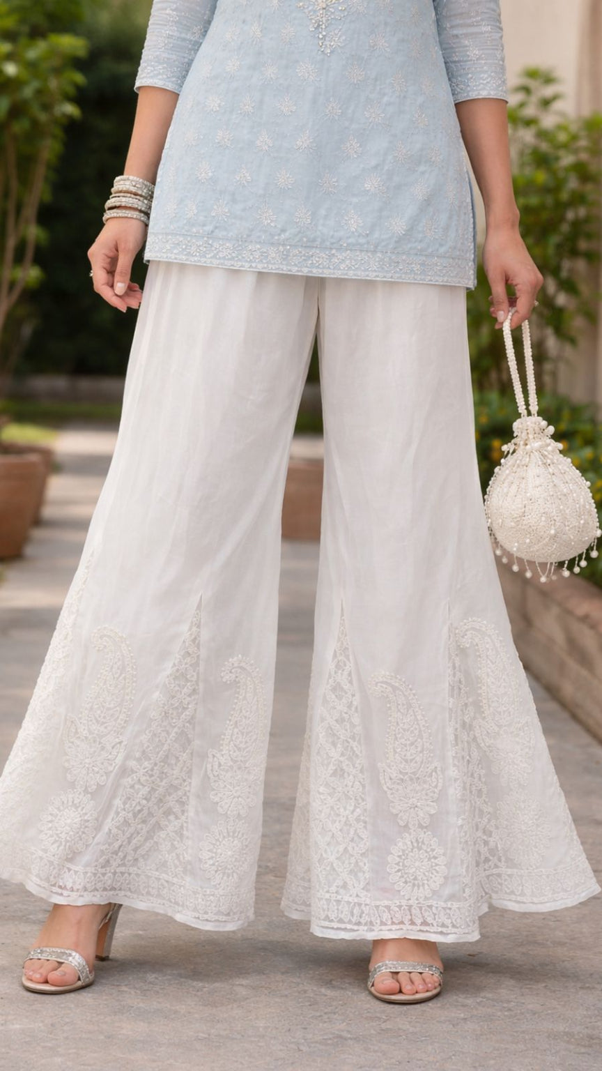 Chikankari Hand-Embroidered Pure White Sharara