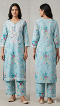 Serene Blue Floral Hand-Embroidered Chikankari Kurta Set