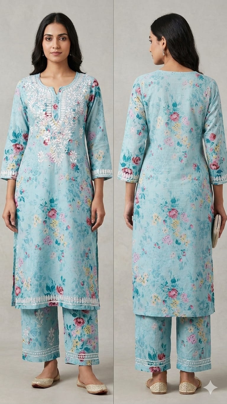 Serene Blue Floral Hand-Embroidered Chikankari Kurta Set