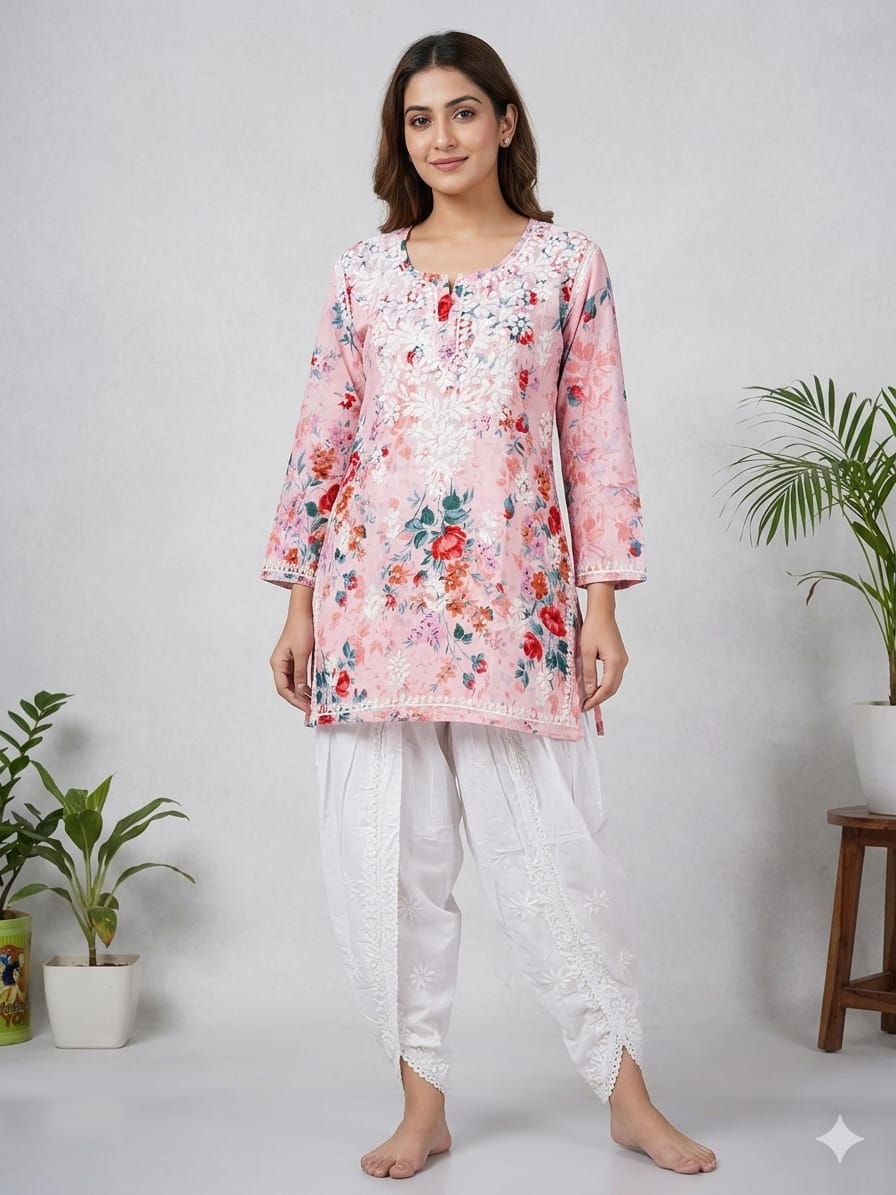 Blushing Floral Hand-Embroidered Chikankari Short Top