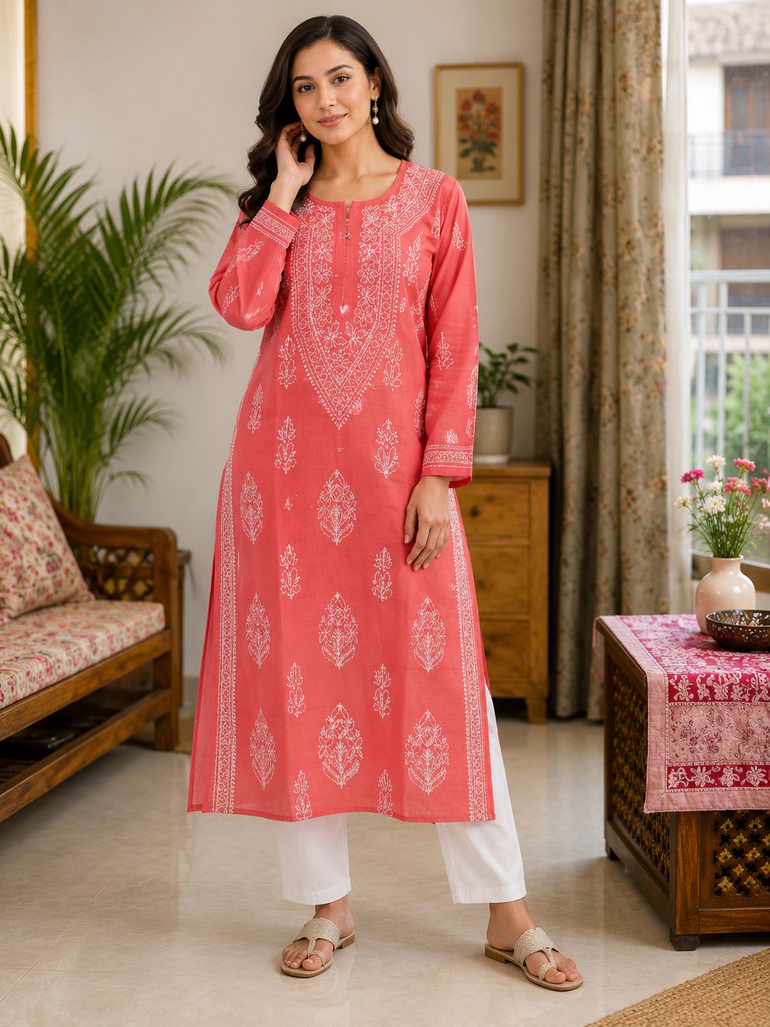 Coral Pink Cotton Handcrafted Lucknowi Chikankari Long Kurti