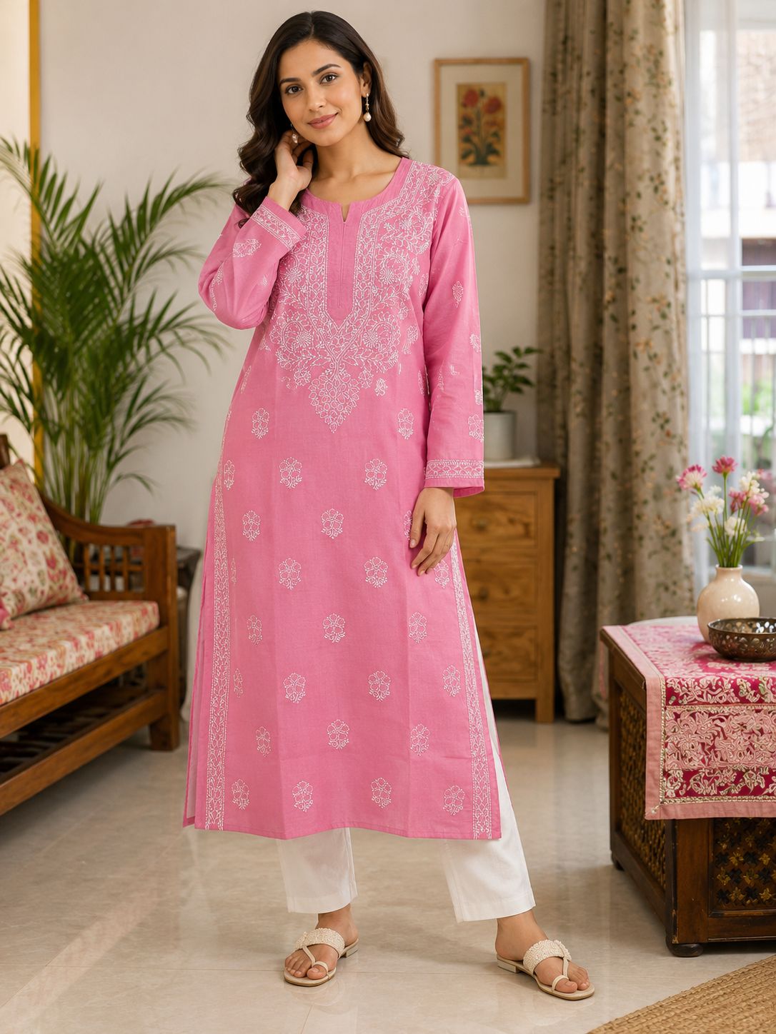 Powder Pink Cotton Chikankari Long Kurti