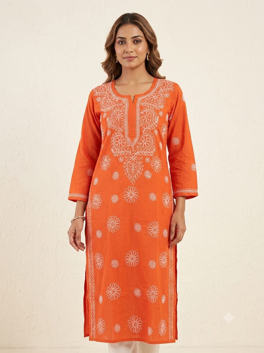 Handcrafted Lucknowi Chikankari Orange Cotton Long Kurti