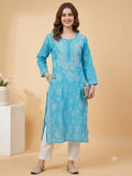 Handcrafted Lucknowi Chikankari Turquoise Cotton Long Kurti