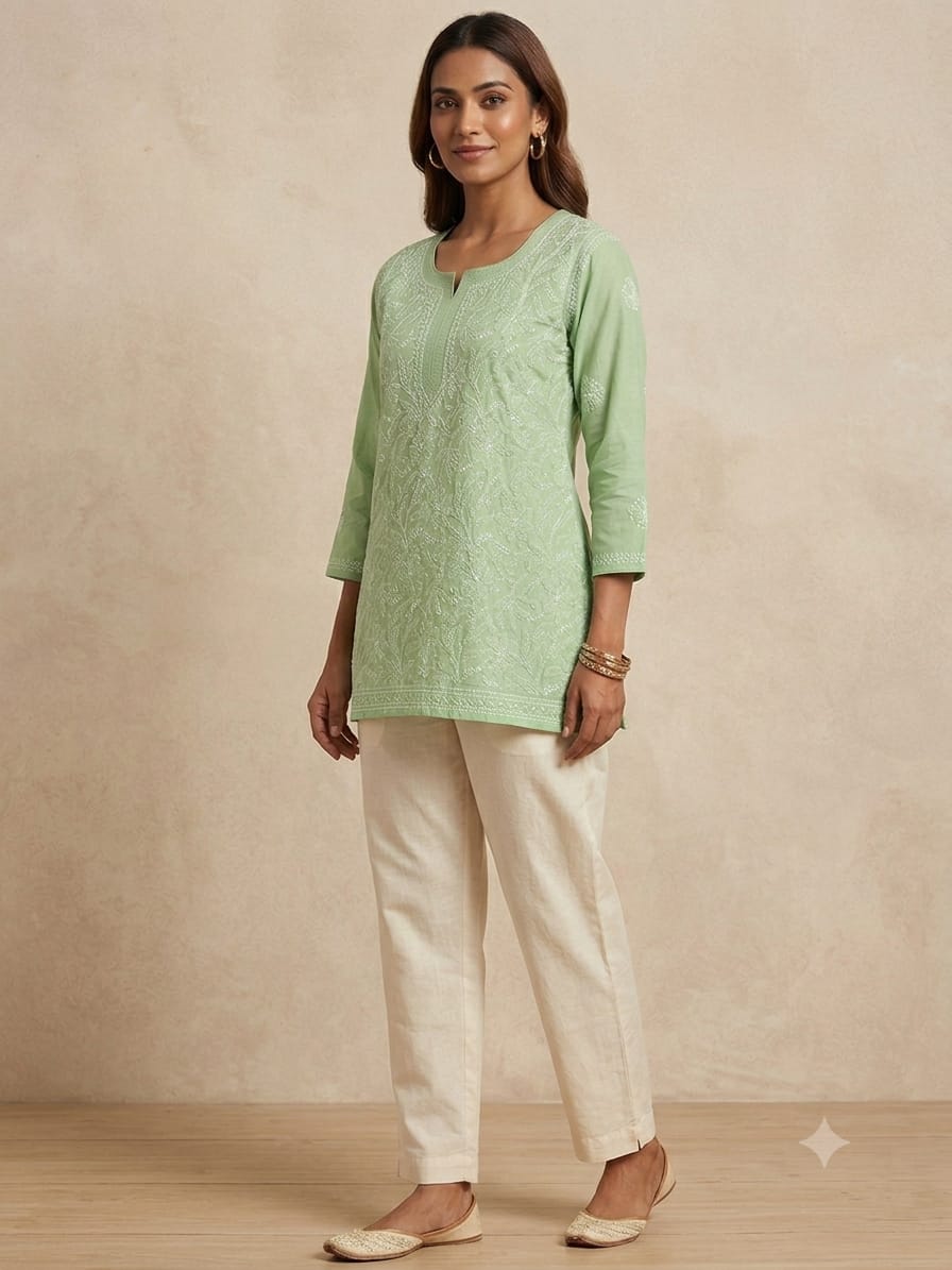 Pastel Green Handcrafted Cotton Lucknowi Chikankari Short Kurti
