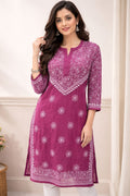 Elegant Magenta Handcrafted Cotton Lucknowi Chikankari Long Kurti