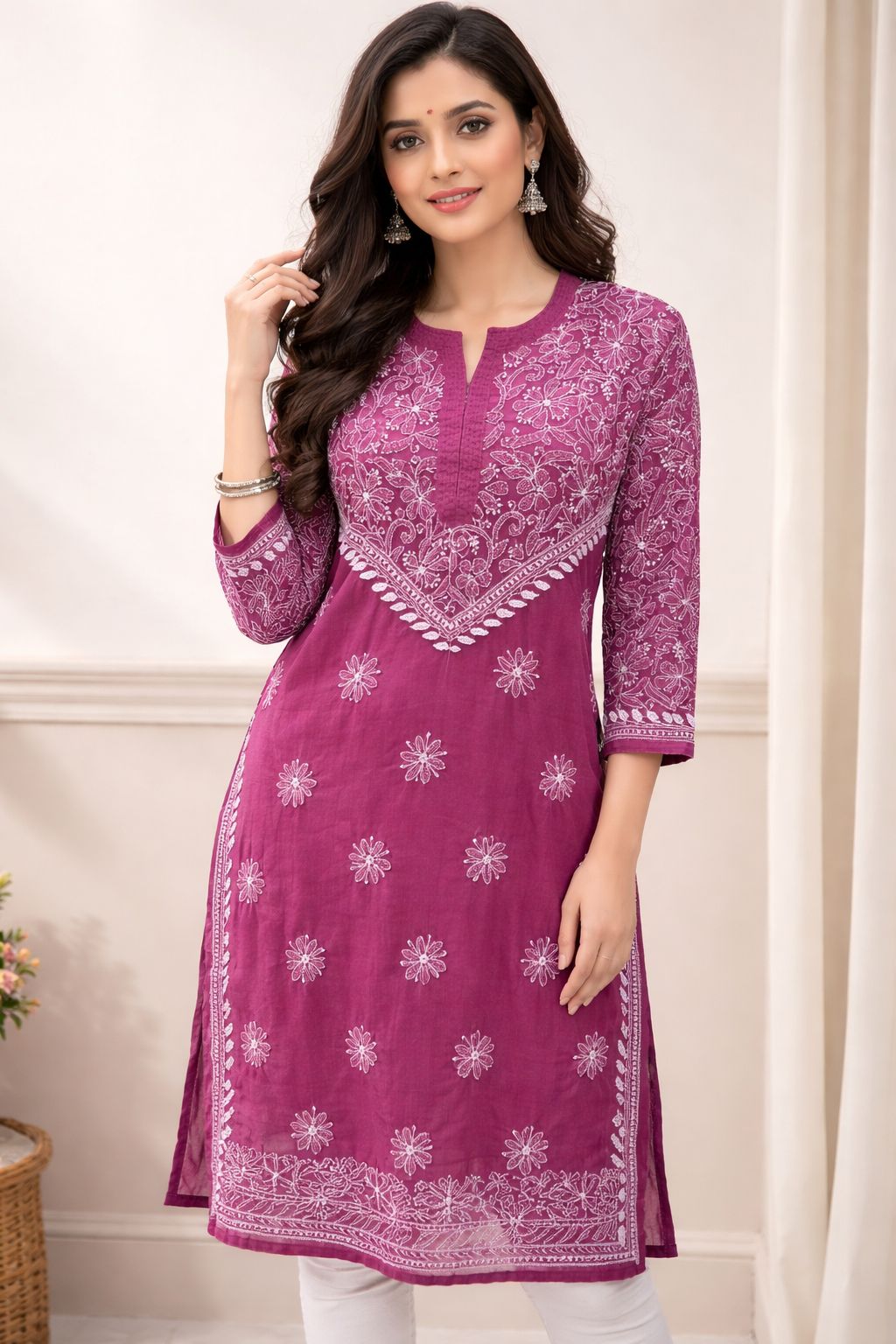 Elegant Magenta Handcrafted Cotton Lucknowi Chikankari Long Kurti
