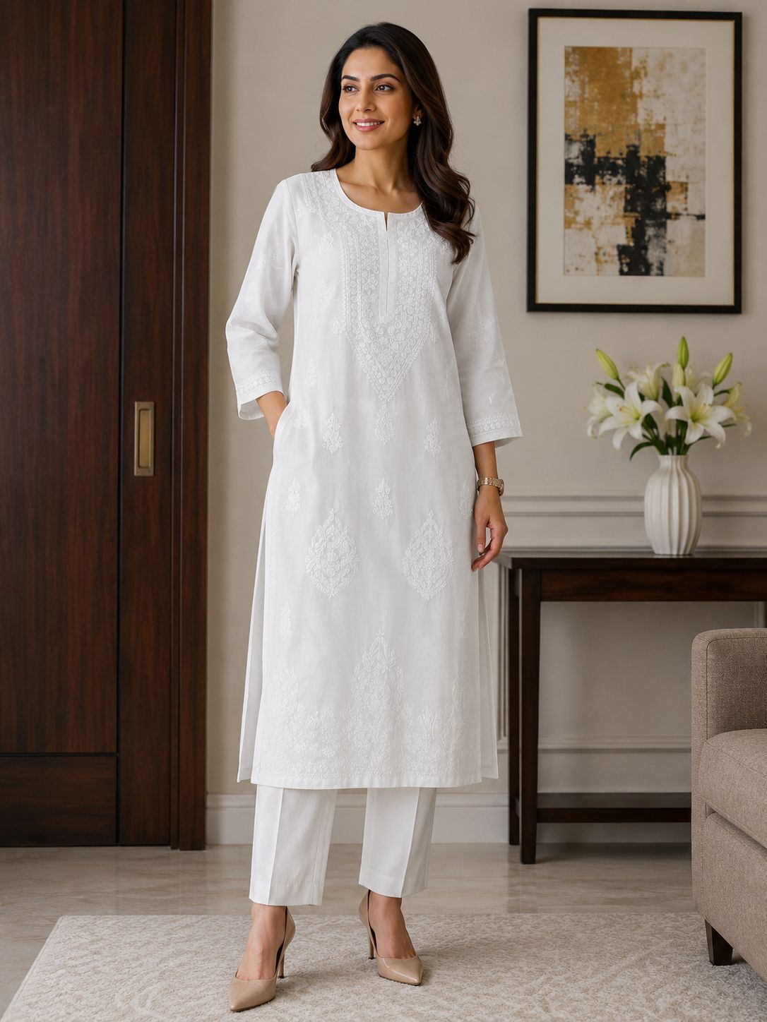 Elegant White Handcrafted Cotton Lucknowi Chikankari Long Kurti
