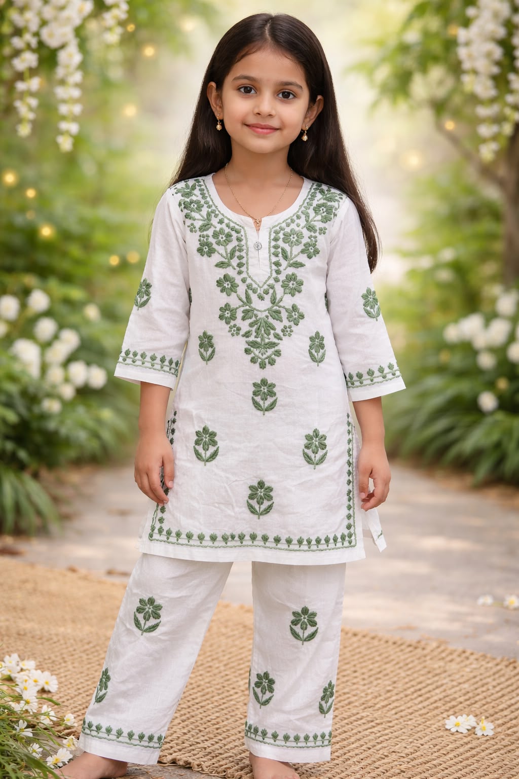 Girl's Hand-Embroidered Cotton Chikankari Kurta & Pant Set