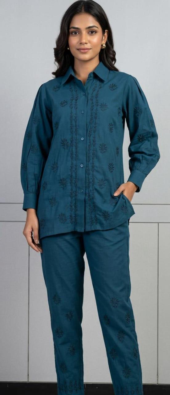 Women's Teal Cotton Chikankari Embroidered Co-ord Set