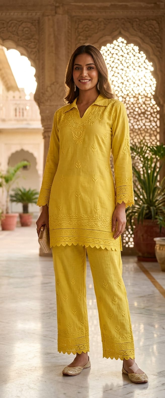 Mustard Yellow Cotton Chikankari Kurta & Palazzo Set