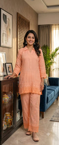 Peach Cotton Chikankari Kurta & Palazzo Set