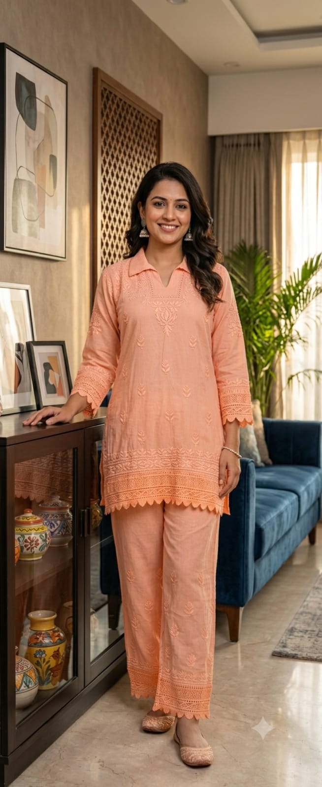 Peach Cotton Chikankari Kurta & Palazzo Set