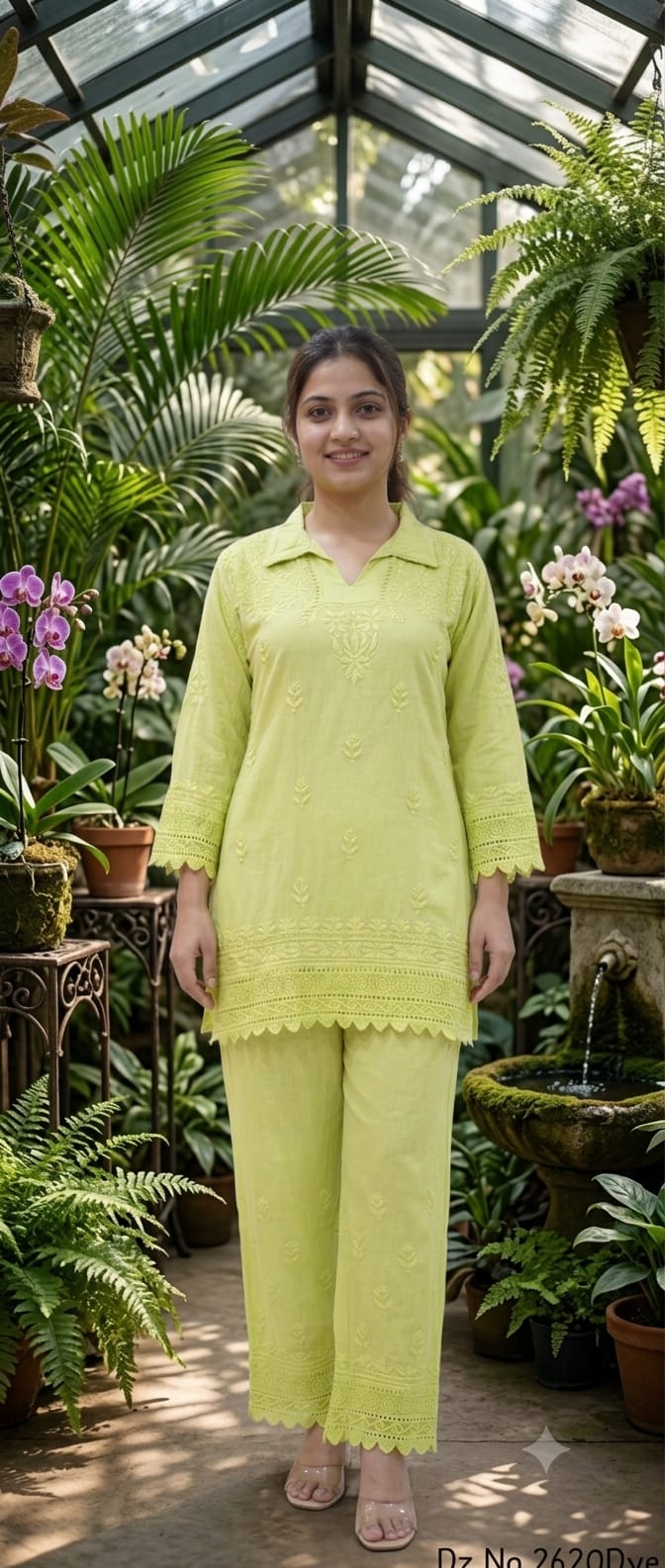 Pistachio Green Cotton Chikankari Kurta with Palazzo