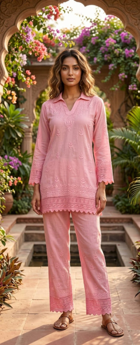 Baby Pink Cotton Chikankari Kurta & Palazzo Set