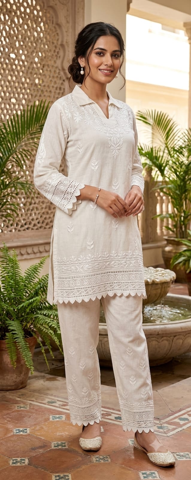 Ivory White Cotton Chikankari Kurta & Palazzo Set