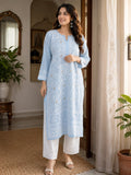 Chikankari party wear with Jari Shimmer Pastel Blue Long Kurti