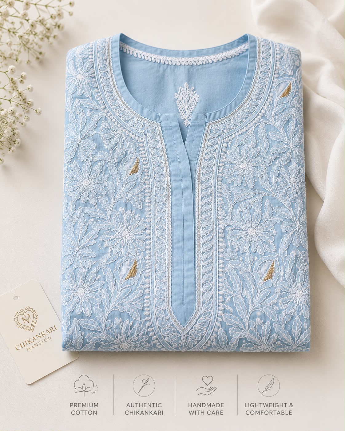 Chikankari party wear with Jari Shimmer Pastel Blue Long Kurti