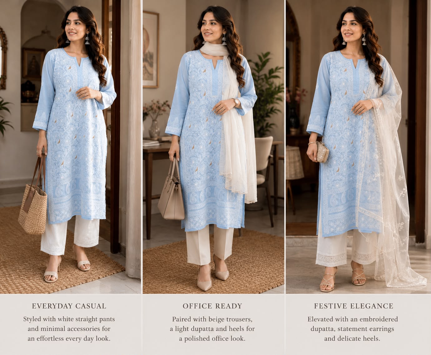 Chikankari party wear with Jari Shimmer Pastel Blue Long Kurti