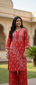 Handcrafted Chanderi Red Chikankari Kurta Set