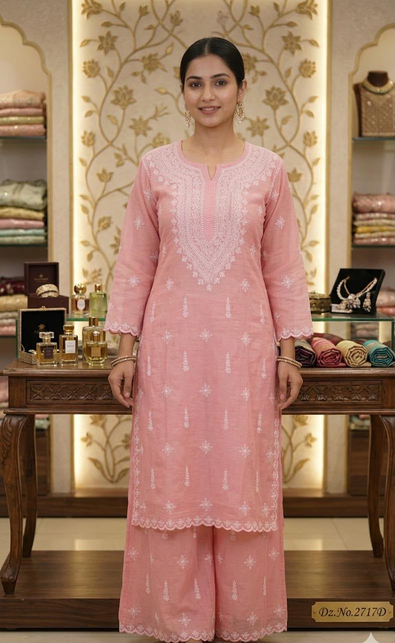 Chanderi Peach Color Chikankari Kurta Set