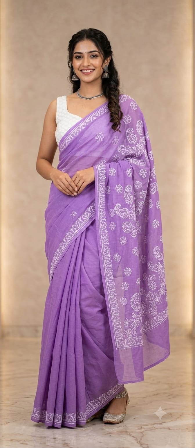 Mal Cotton Pastel Purple Chikankari Saree with Blouse Piece
