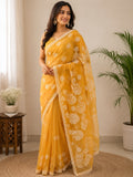 Pure Georgette Yellow Chikankari Saree with Blouse Piece