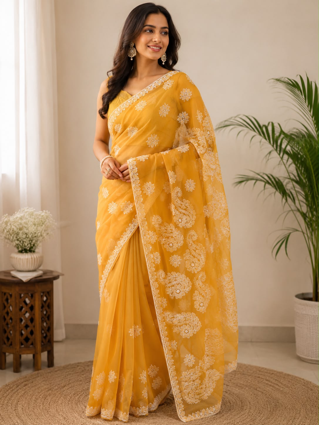 Pure Georgette Yellow Chikankari Saree with Blouse Piece