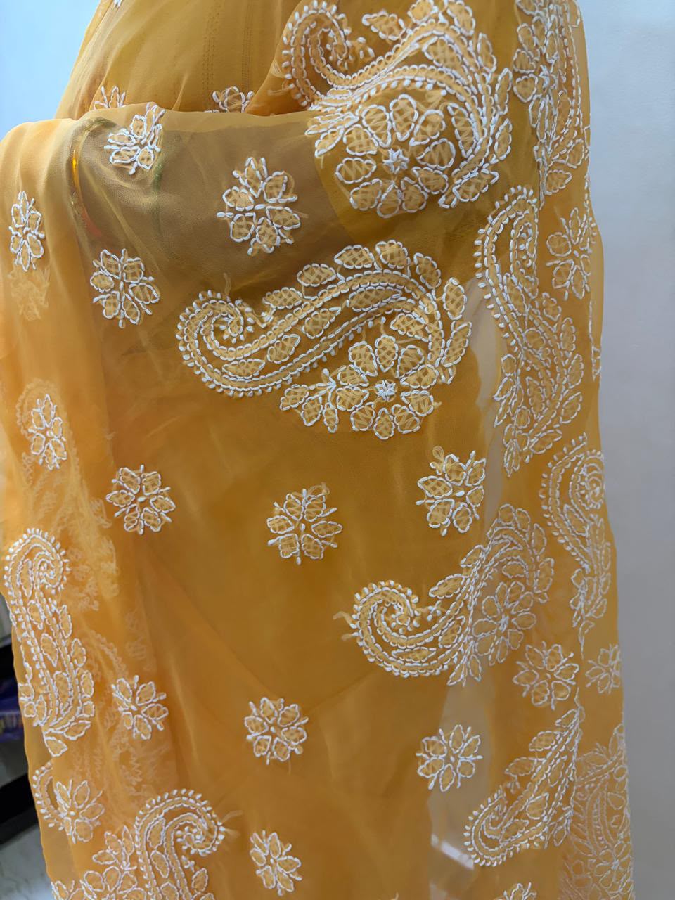 Pure Georgette Yellow Chikankari Saree with Blouse Piece