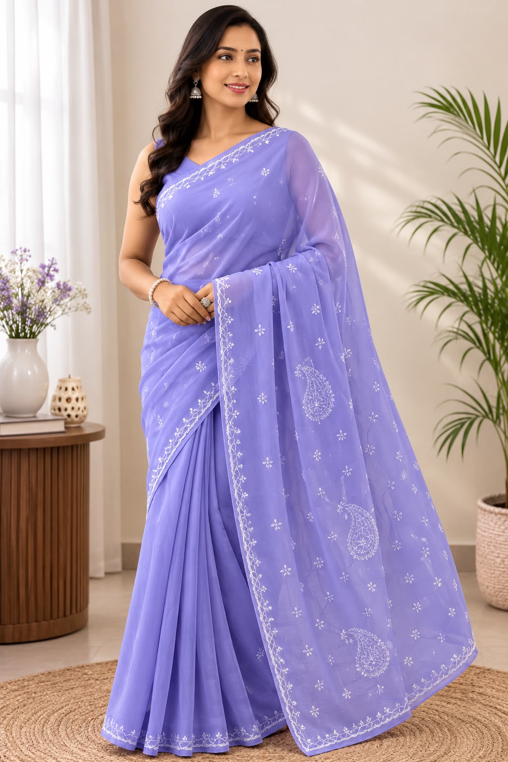Pure Cotton Pastel Purple Chikankari Saree