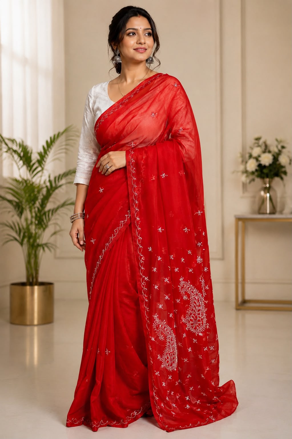 Red Georgette Chikankari Saree with White Hand Embroidery