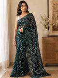Dark Green Tepchi Georgette Saree | Hand Embroidered Lucknowi Saree