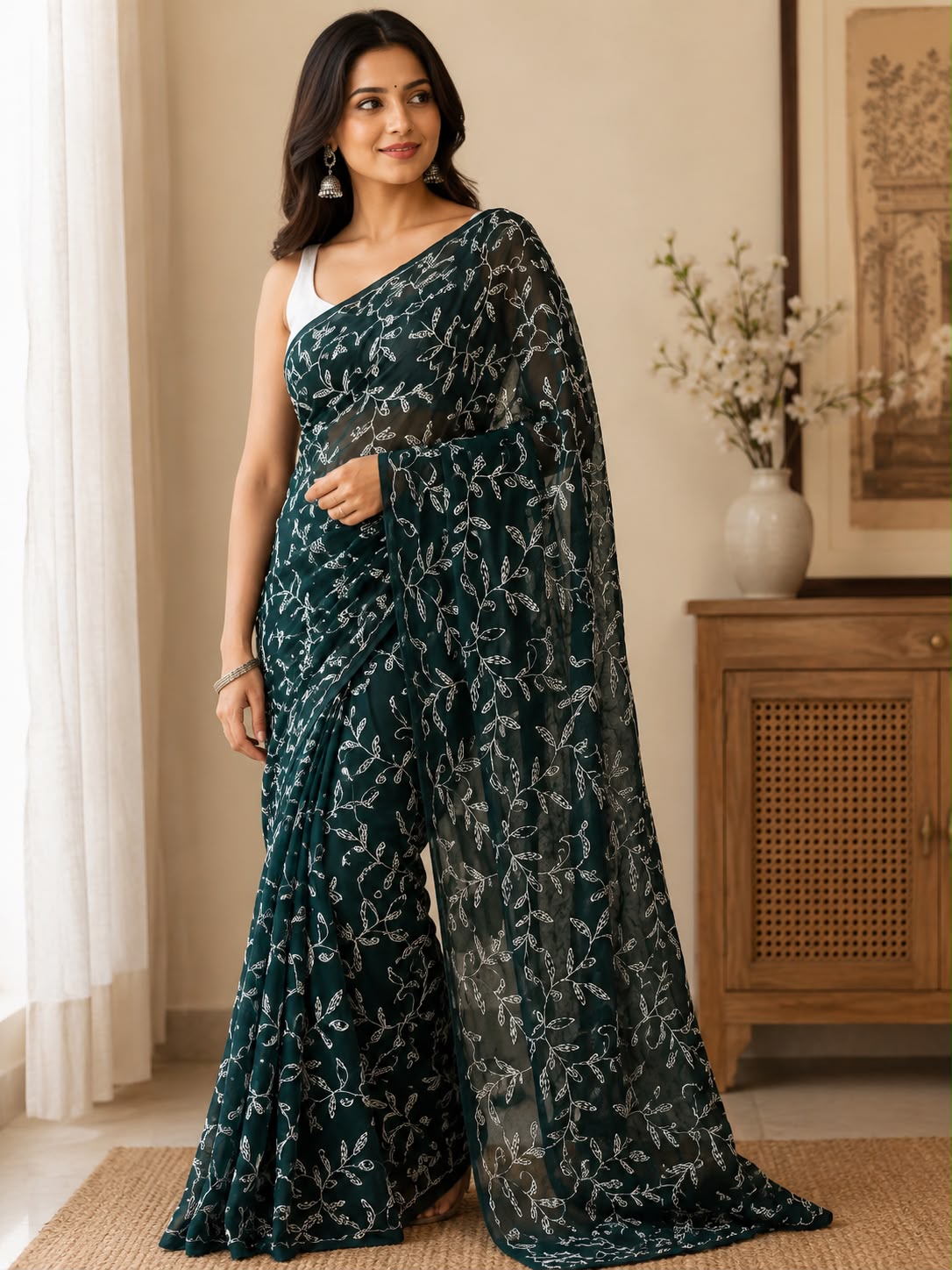 Dark Green Tepchi Georgette Saree | Hand Embroidered Lucknowi Saree