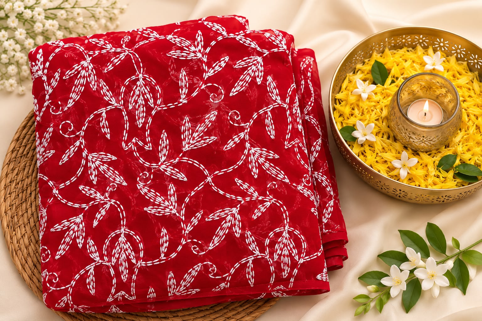 Dark Green Tepchi Georgette Saree | Hand Embroidered Lucknowi Saree