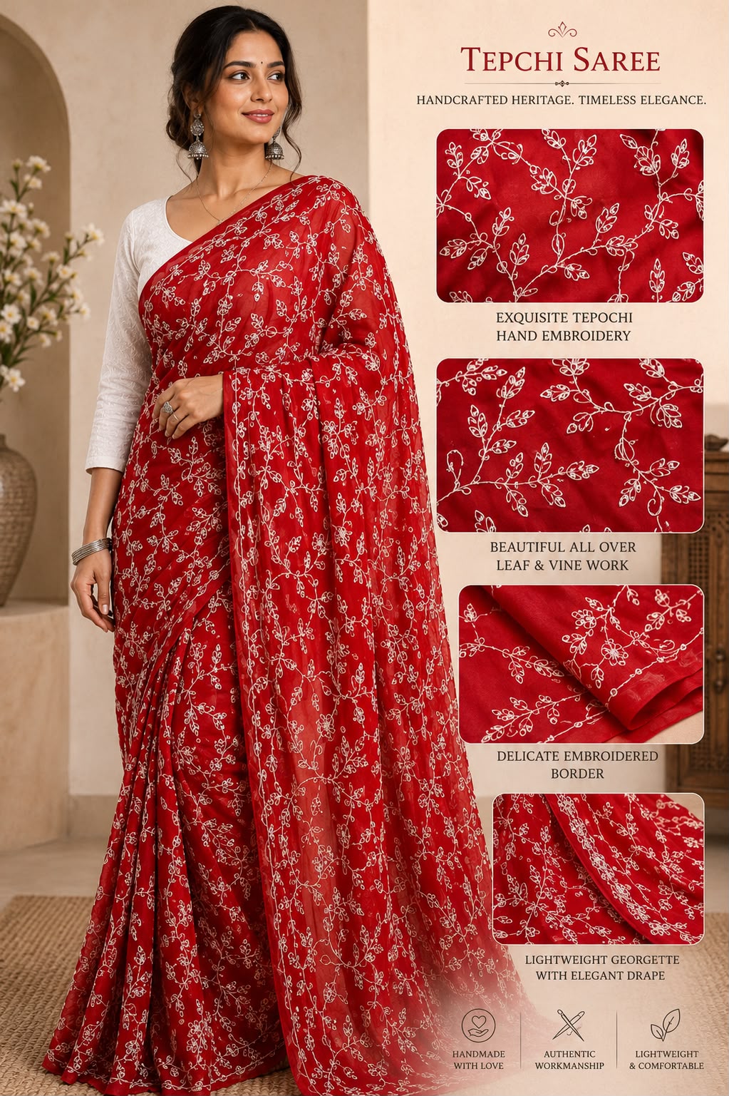 Dark Green Tepchi Georgette Saree | Hand Embroidered Lucknowi Saree