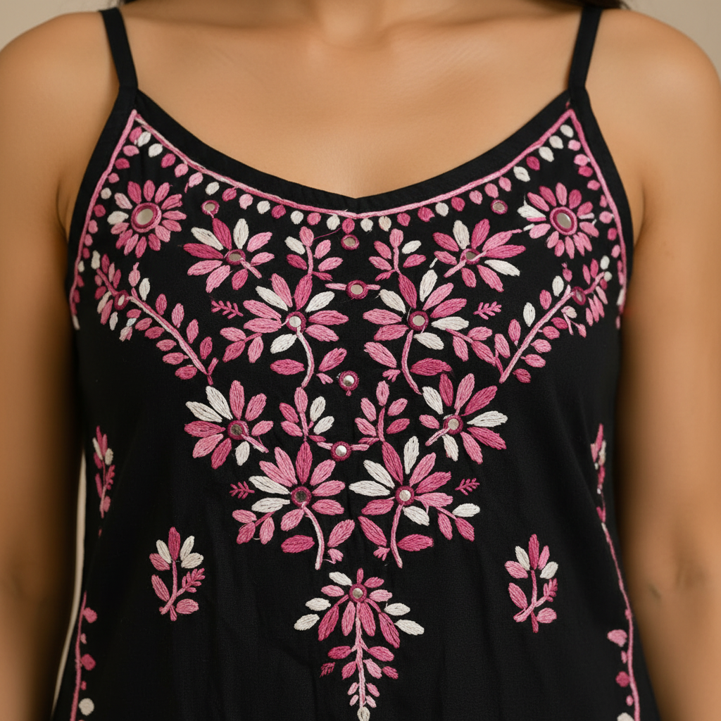Chikankari Sleeveless Top with Pink and White Embroidery