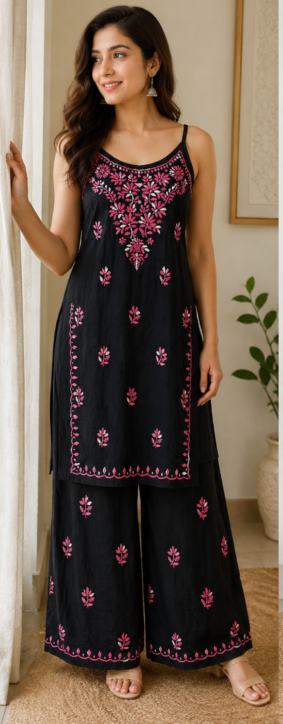 Rayon Black Kurti and Palazzo Set with White and Pink Chikankari