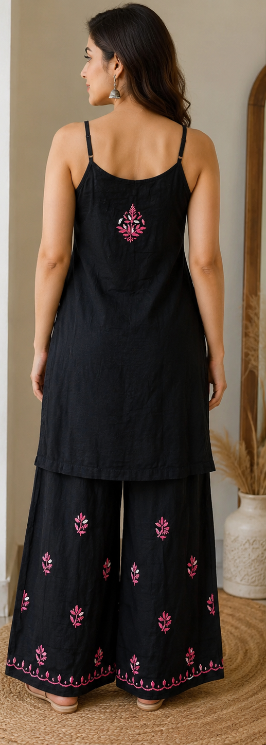 Rayon Black Kurti and Palazzo Set with White and Pink Chikankari