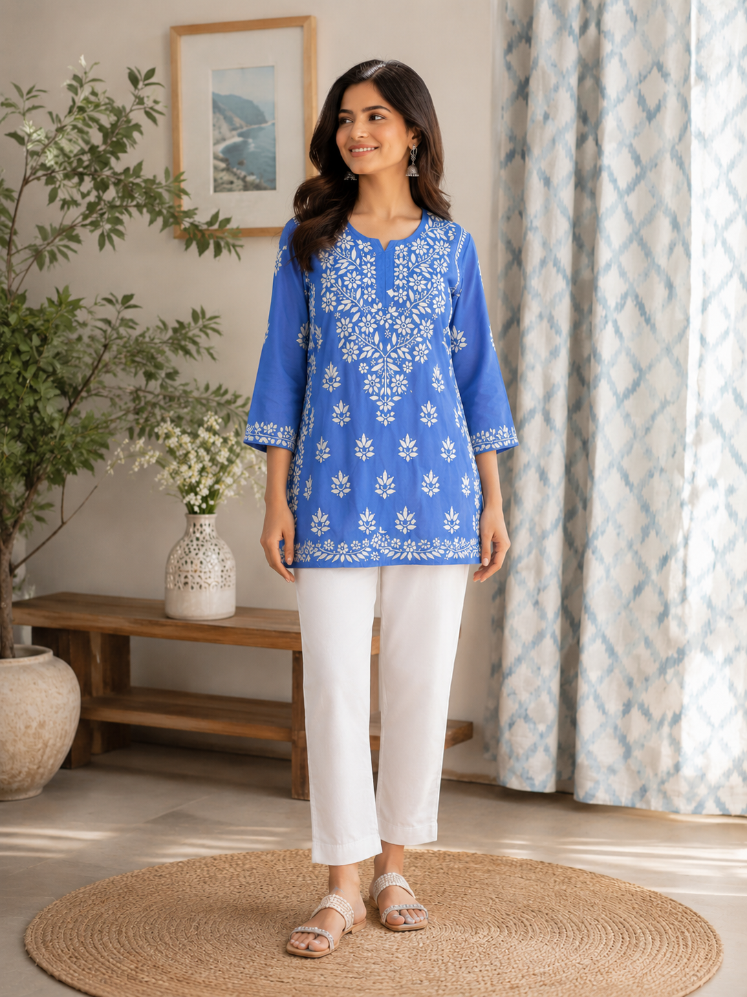 Cornflower Blue Floral Embroidered Cotton Short Kurti
