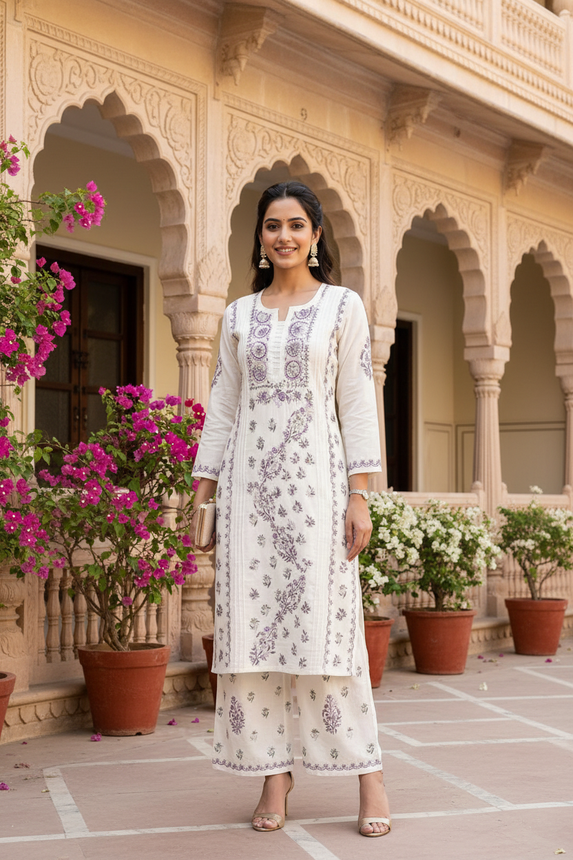 Chikankari Kurta Set - Ivory Garden
