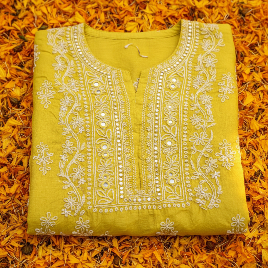 Chikankari Kurta Set - Handcrafted Chanderi Lemon Yellow