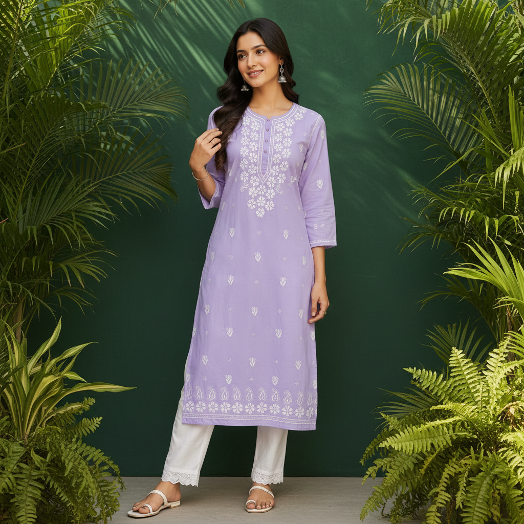 Chikankari Kurti - Lavender Bloom White Embroidered