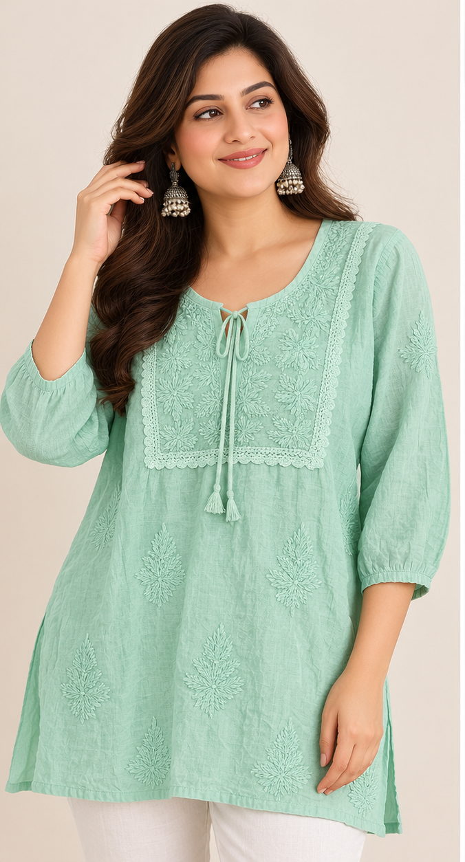 Chikankari Short Top - Mint Green Muslin